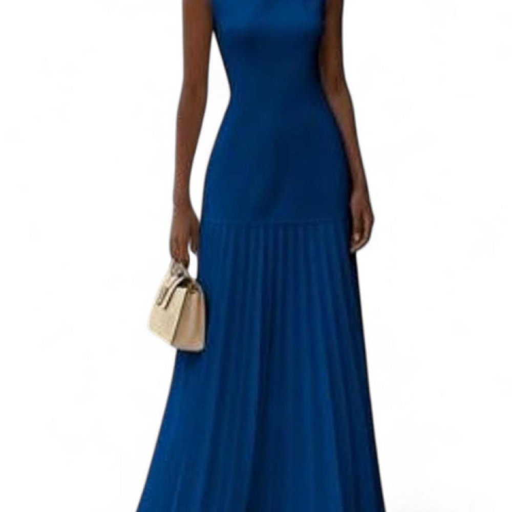 UOOZEE Sleeveless Gauze Pleated Boat Neck Evening Dress Maxi Dress